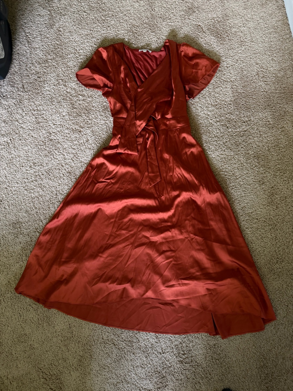 Satin Rust Red Women’s Dress - Elegant A-Line Slip tie front